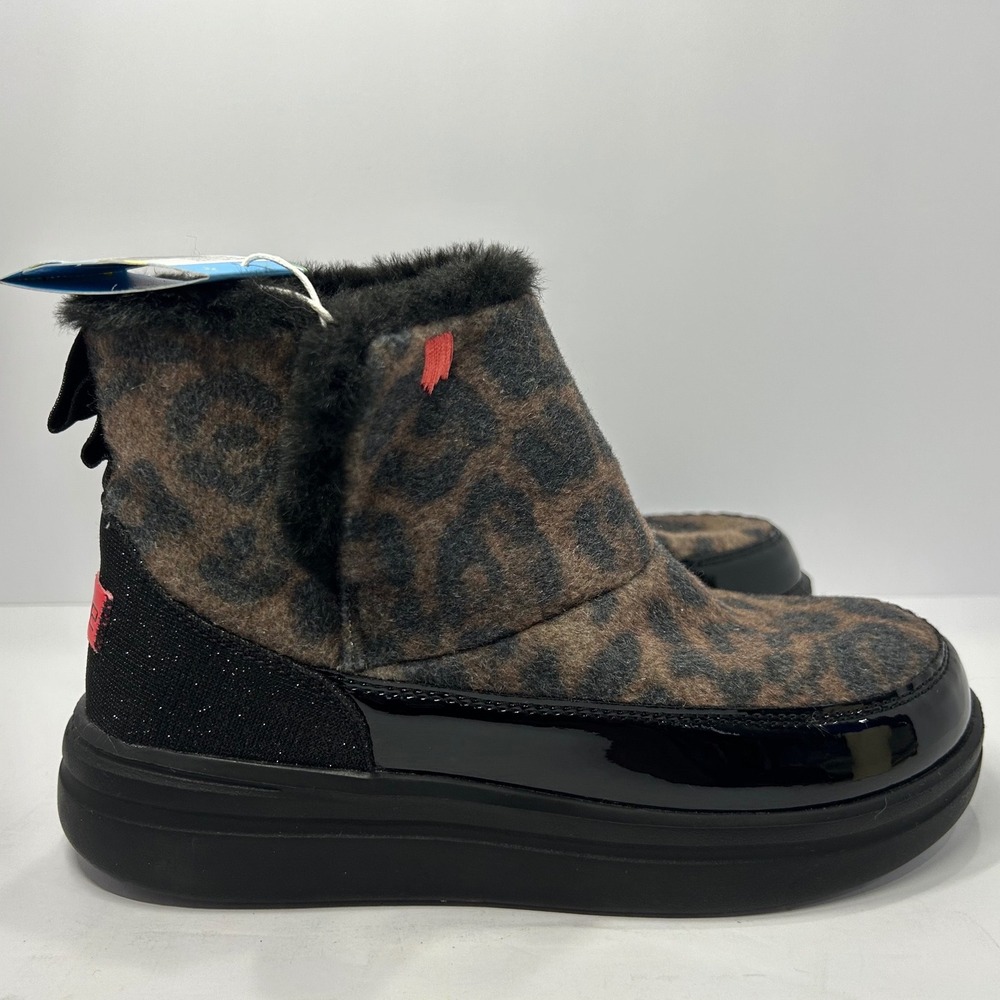 Hey Dude Youth Leopard Black Faux Fur Boots Kids Size 4 Brand New With Tags - Picture 8 of 15
